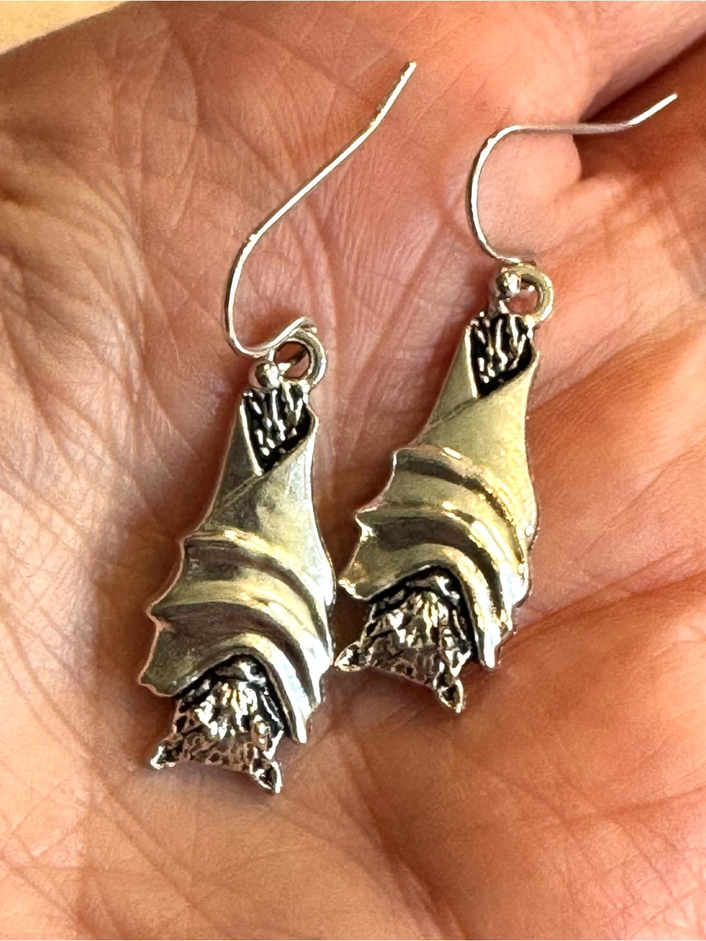 Silver Tone Hanging  Bat Wrapped in Wings Dangle Earrings  1” long - Picture 5 of 7